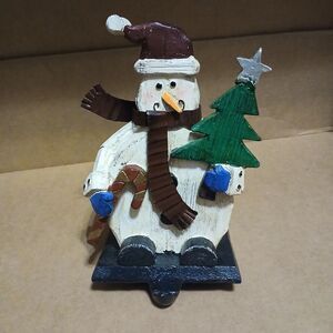 Vintage Hand Carved Snowman Stocking Holder Hanger Christmas Tree Candy Cane